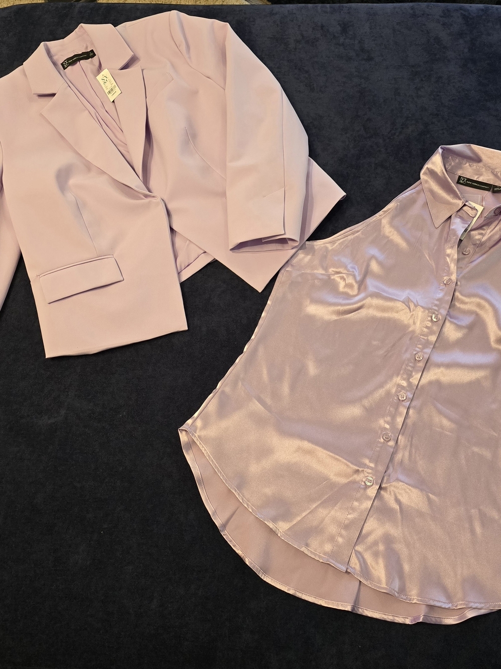 NYC Pastel Lavender Cropped Blazer Size L & Satin Button Shirt Size M Set